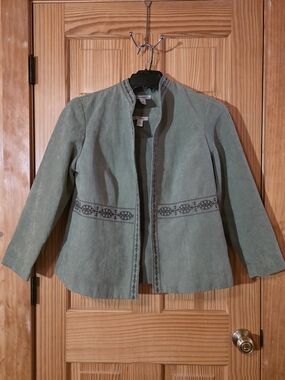 Dress Barn Sage Green Suede Open Front Embroidered Jacket